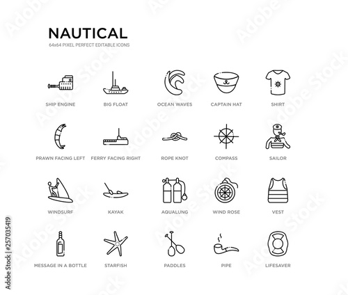 set of 20 line icons such as aqualung, kayak, windsurf, compass, rope knot, ferry facing right, prawn facing left, captain hat, ocean waves, big float. nautical outline thin icons collection.