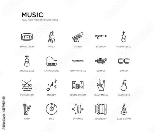 set of 20 line icons such as sound system, melody, percussion, cornet, pennywhistle, harpsichord, double bass, bassoon, zither, viola. music outline thin icons collection. editable 64x64 stroke