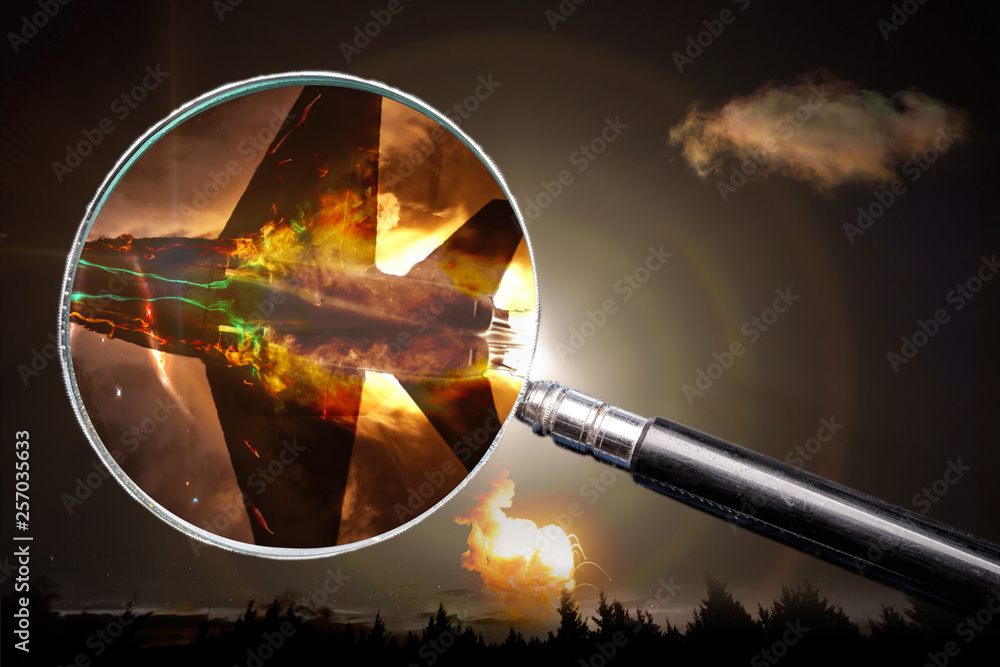 Investigation of the causes of the crash. Collage of a flying plane and a magnifying glass with an approximate crash site and an explosion fire. Elements of this image furnished by NASA. Investigation of the causes of the crash. Collage of a flying plane and a magnifying glass with an approximate crash site and an explosion fire. Elements of this image furnished by NASA.