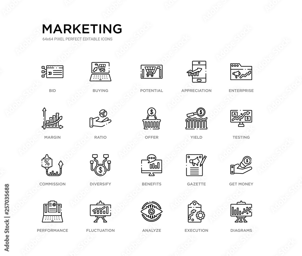 set of 20 line icons such as benefits, diversify, commission, yield, offer, ratio, margin, appreciation, potential, buying. marketing outline thin icons collection. editable 64x64 stroke
