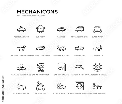 set of 20 line icons such as car in a garage, car at gas station, car and headphones, pick up truck, sale in euros, with cogwheels, with heat problems, rectangular taxi side, bus front. mechanicons