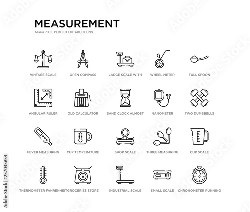 set of 20 line icons such as shop scale, cup temperature, fever measuring, nanometer, sand clock almost finish, old calculator, angular ruler, wheel meter, large scale with suitcase, open compass.