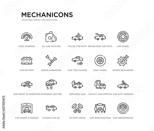 set of 20 line icons such as repairing car, changing car tire, car front in magnifier glass, cart wheel, tire change, repair wrenches, battery, brand new with dollar price tag, police with light,