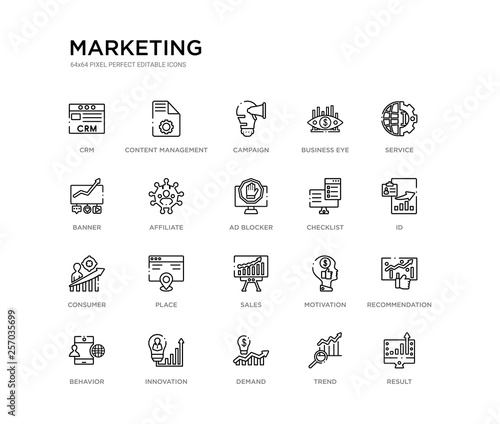 set of 20 line icons such as sales, place, consumer, checklist, ad blocker, affiliate, banner, business eye, campaign, content management. marketing outline thin icons collection. editable 64x64
