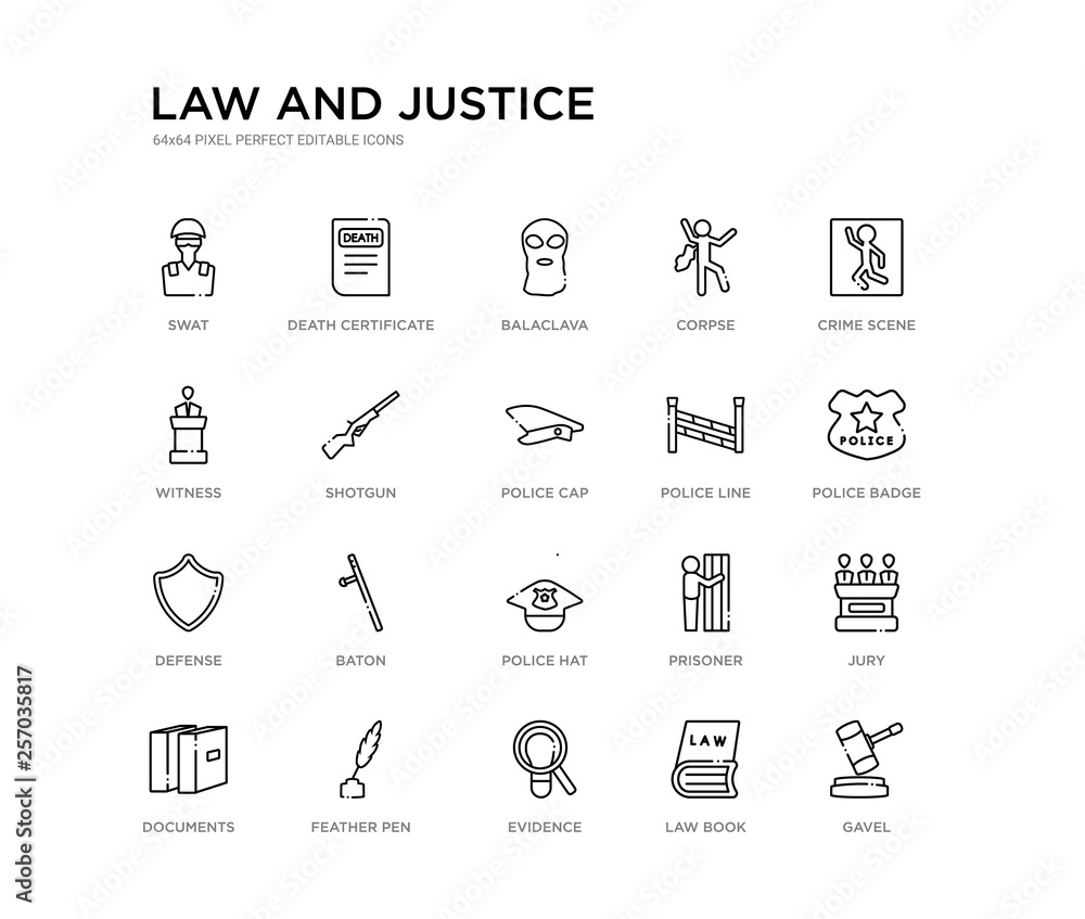 set of 20 line icons such as police hat, baton, defense, police line, police cap, shotgun, witness, corpse, balaclava, death certificate. law and justice outline thin icons collection. editable set of 20 line icons such as police hat, baton, defense, police line, police cap, shotgun, witness, corpse, balaclava, death certificate. law and justice outline thin icons collection. editable