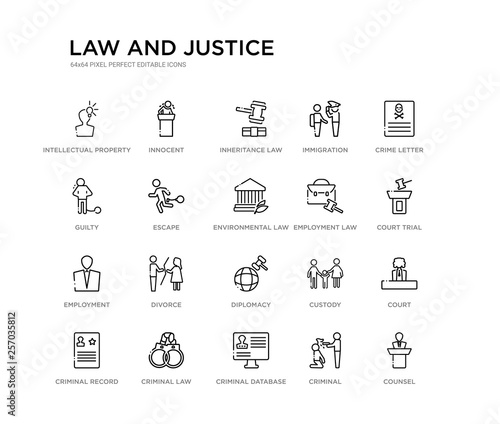 set of 20 line icons such as diplomacy, divorce, employment, employment law, environmental law, escape, guilty, immigration, inheritance law, innocent. and justice outline thin icons collection.