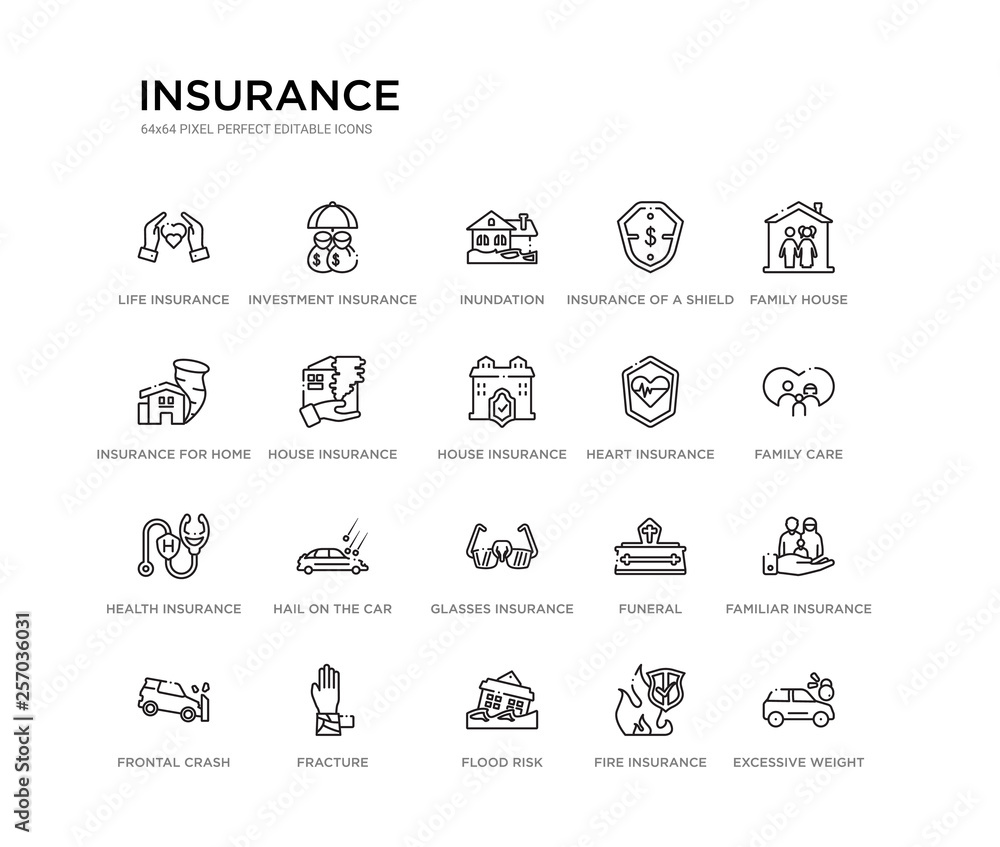 set of 20 line icons such as glasses insurance, hail on the car, health insurance, heart insurance, house house for storms, for home of tornado, of a shield with dollar, inundation, investment