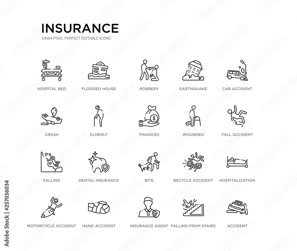 set of 20 line icons such as bite, dental insurance, falling, wounded, finances, elderly, crash, earthquake, robbery, flooded house. insurance outline thin icons collection. editable 64x64 stroke