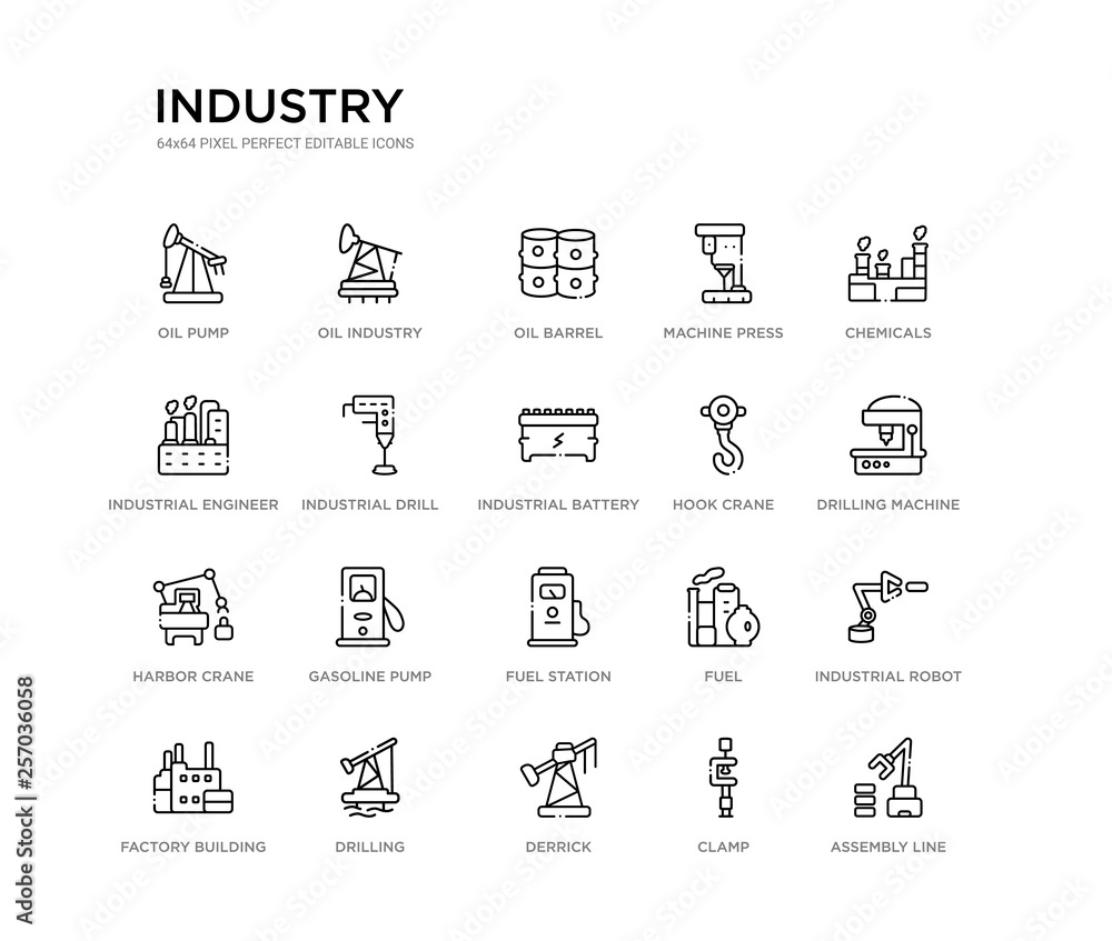 set of 20 line icons such as fuel station, gasoline pump, harbor crane, hook crane, industrial battery, industrial drill, industrial engineer, machine press, oil barrel, oil industry. industry