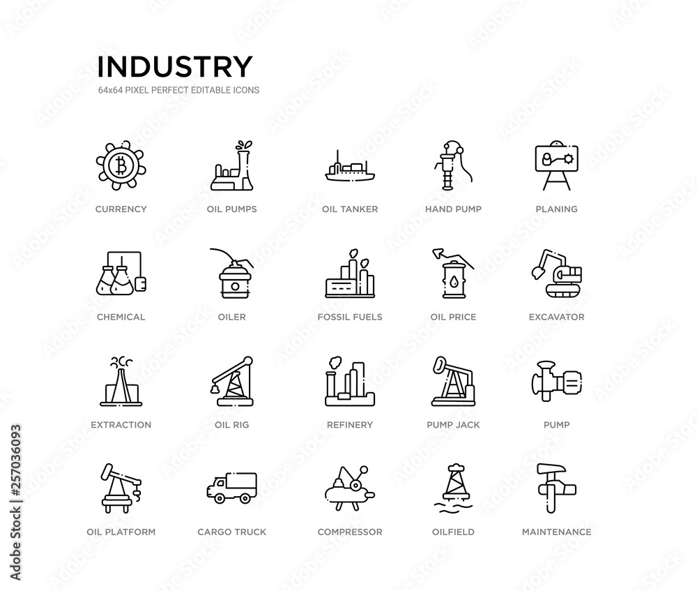 set of 20 line icons such as refinery, oil rig, extraction, oil price, fossil fuels, oiler, chemical, hand pump, oil tanker, pumps. industry outline thin icons collection. editable 64x64 stroke