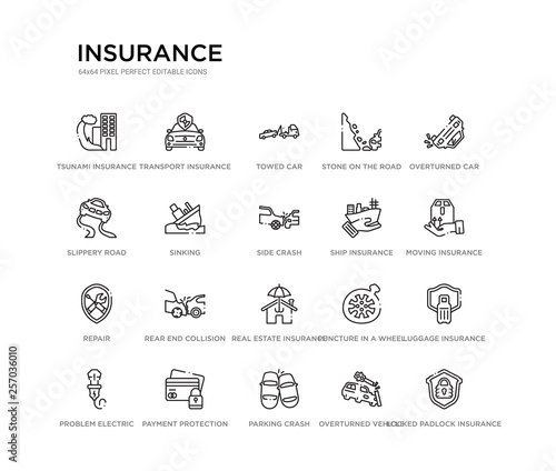 set of 20 line icons such as real estate insurance, rear end collision, repair, ship insurance, side crash, sinking, slippery road, stone on the road, towed car, transport insurance. outline thin