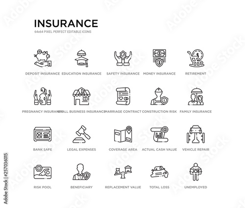 set of 20 line icons such as coverage area, legal expenses, bank safe, construction risk, marriage contract, small business insurance, pregnancy insurance, money insurance, safety education outline