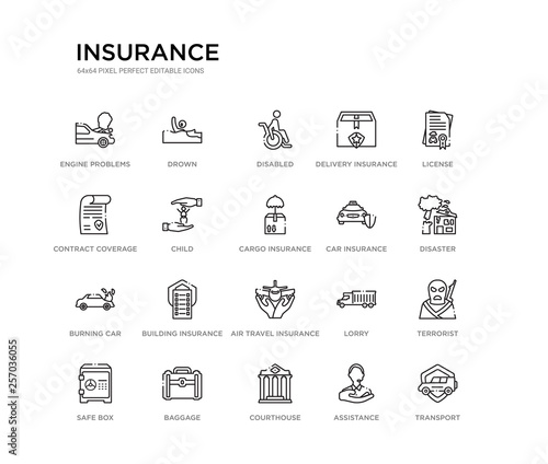set of 20 line icons such as air travel insurance, building insurance, burning car, car insurance, cargo child, contract coverage, delivery disabled, drown. outline thin icons collection. editable