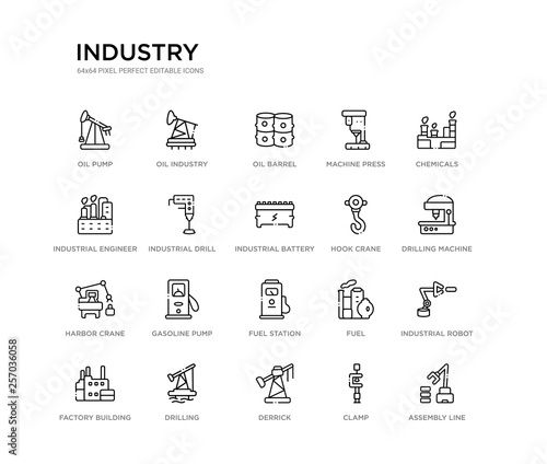 set of 20 line icons such as fuel station, gasoline pump, harbor crane, hook crane, industrial battery, industrial drill, industrial engineer, machine press, oil barrel, oil industry. industry