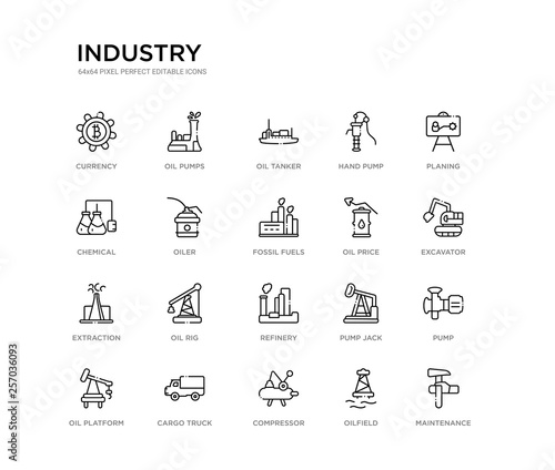 set of 20 line icons such as refinery, oil rig, extraction, oil price, fossil fuels, oiler, chemical, hand pump, oil tanker, pumps. industry outline thin icons collection. editable 64x64 stroke