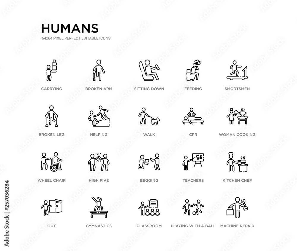 set of 20 line icons such as begging, high five, wheel chair, cpr, walk, helping, broken leg, feeding, sitting down, broken arm. humans outline thin icons collection. editable 64x64 stroke