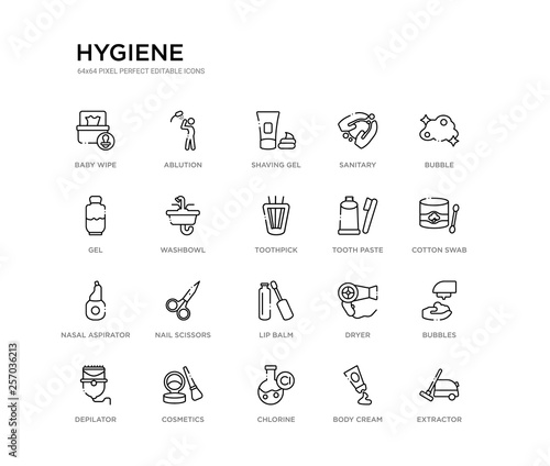 set of 20 line icons such as lip balm, nail scissors, nasal aspirator, tooth paste, toothpick, washbowl, gel, sanitary, shaving gel, ablution. hygiene outline thin icons collection. editable 64x64