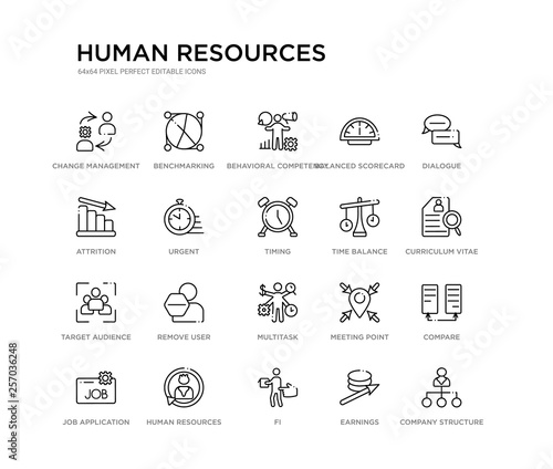 set of 20 line icons such as multitask, remove user, target audience, time balance, timing, urgent, attrition, balanced scorecard, behavioral competency, benchmarking. human resources outline thin