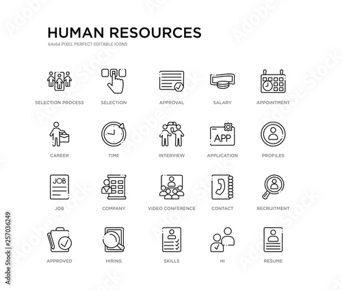 set of 20 line icons such as video conference, company, job, application, interview, time, career, salary, approval, selection. human resources outline thin icons collection. editable 64x64 stroke