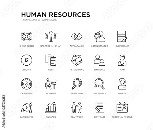 set of 20 line icons such as searching, working, candidate, employee, networking, files, 12 hours, administrator, appearance, balance in human resources. human resources outline thin icons
