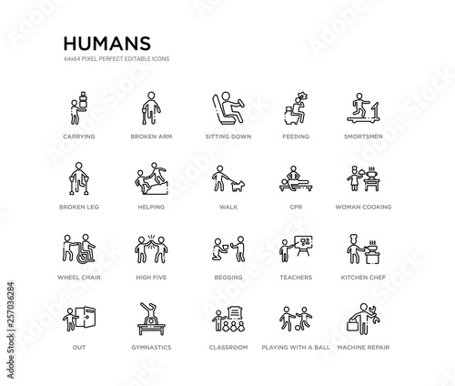 set of 20 line icons such as begging, high five, wheel chair, cpr, walk, helping, broken leg, feeding, sitting down, broken arm. humans outline thin icons collection. editable 64x64 stroke