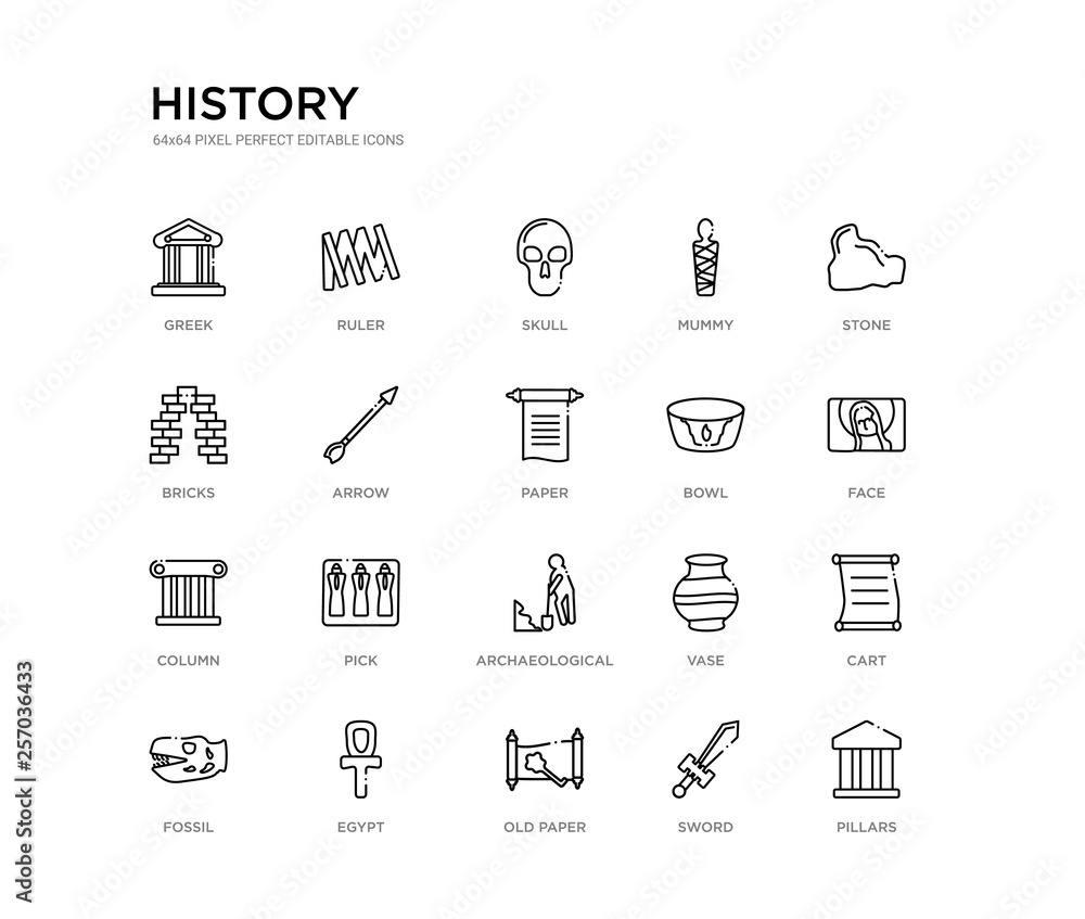 set of 20 line icons such as archaeological, pick, column, bowl, paper, arrow, bricks, mummy, skull, ruler. history outline thin icons collection. editable 64x64 stroke set of 20 line icons such as archaeological, pick, column, bowl, paper, arrow, bricks, mummy, skull, ruler. history outline thin icons collection. editable 64x64 stroke