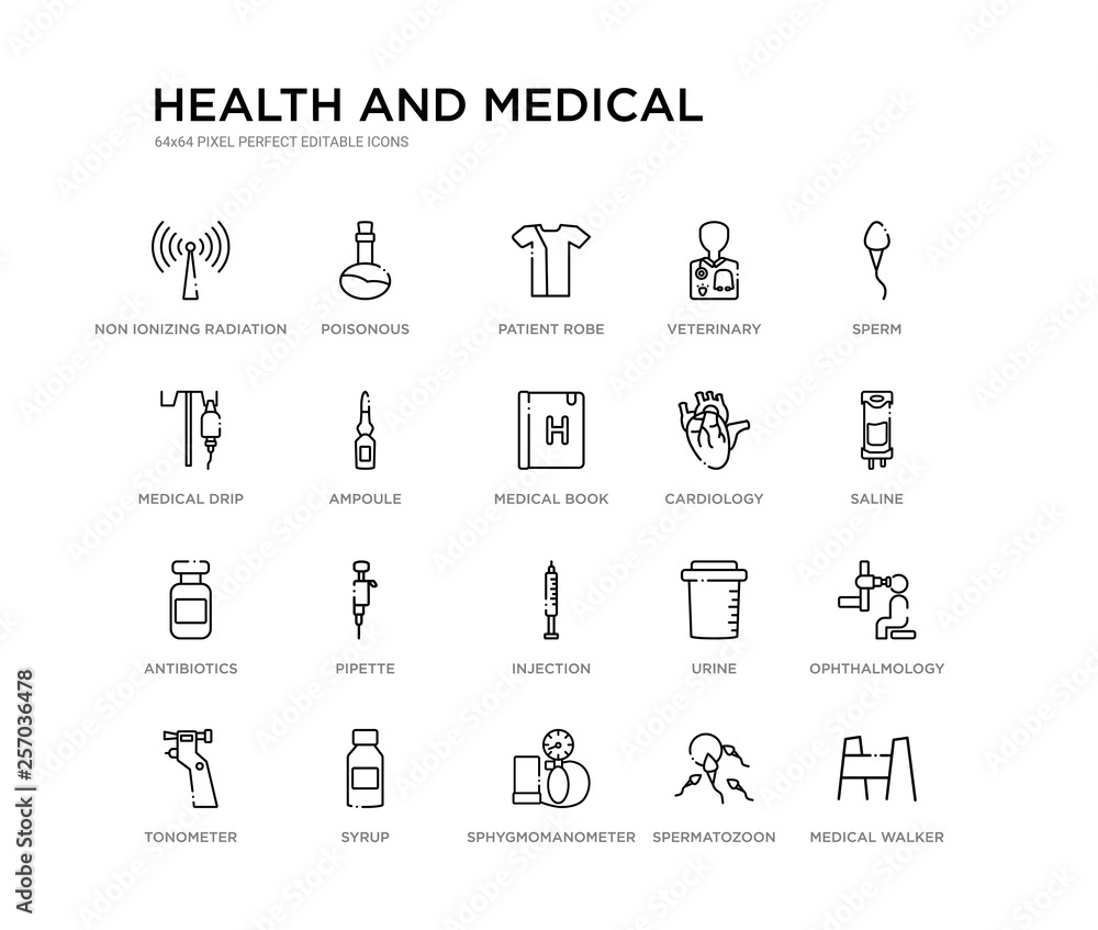 set of 20 line icons such as injection, pipette, antibiotics, cardiology, medical book, ampoule, medical drip, veterinary, patient robe, poisonous. health and medical outline thin icons collection. set of 20 line icons such as injection, pipette, antibiotics, cardiology, medical book, ampoule, medical drip, veterinary, patient robe, poisonous. health and medical outline thin icons collection.
