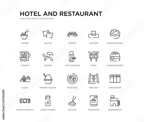 set of 20 line icons such as fried egg, frozen yogurt, guest, hotel, left-luggage, lounge, minibar, napkins, onigiri, pillow. hotel and restaurant outline thin icons collection. editable 64x64