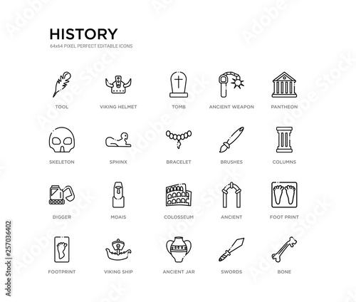 set of 20 line icons such as colosseum, moais, digger, brushes, bracelet, sphinx, skeleton, ancient weapon, tomb, viking helmet. history outline thin icons collection. editable 64x64 stroke