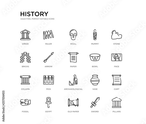 set of 20 line icons such as archaeological, pick, column, bowl, paper, arrow, bricks, mummy, skull, ruler. history outline thin icons collection. editable 64x64 stroke