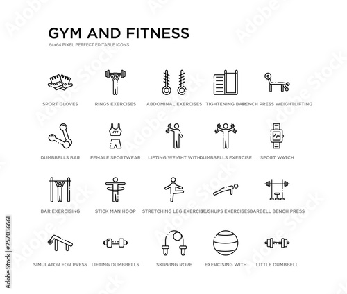 set of 20 line icons such as stretching leg exercise, stick man hoop, bar exercising, dumbbells exercise, lifting weight with right arm, female sportwear, dumbbells bar, tightening bar, abdominal