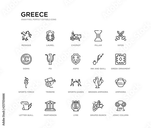 set of 20 line icons such as sports games, trireme, sports torch, ink and quill, aspis, psi, sigma, pillar, chariot, laurel. greece outline thin icons collection. editable 64x64 stroke