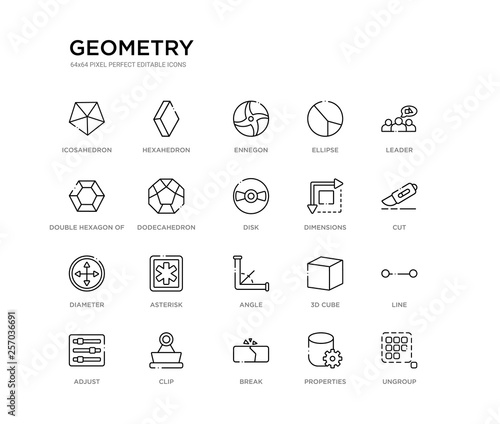 set of 20 line icons such as angle, asterisk, diameter, dimensions, disk, dodecahedron, double hexagon of small triangles, ellipse, ennegon, hexahedron. geometry outline thin icons collection.