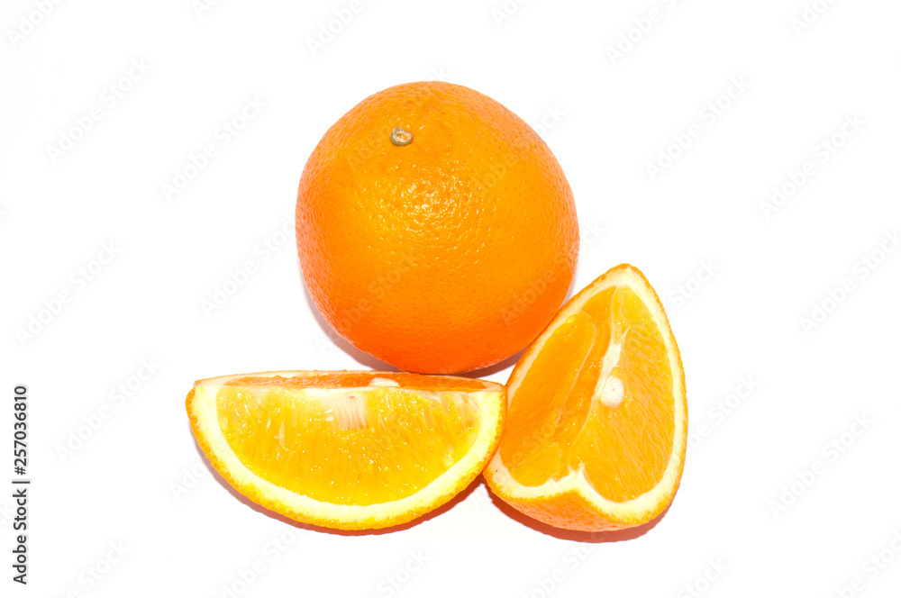Orange on white background with copy space. Juicy exotic fruit, isolate Orange on white background with copy space. Juicy exotic fruit, isolate
