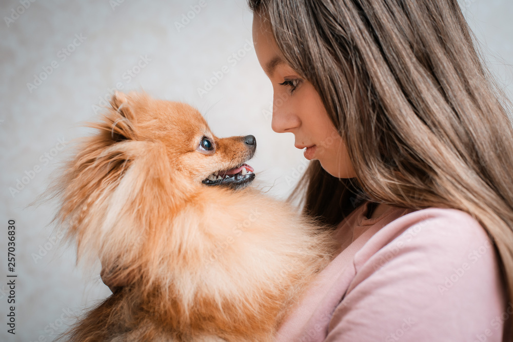 Teenage girl with a dog breed Spitz rejoices with a pet at home on the floor. Teenage girl with a dog breed Spitz rejoices with a pet at home on the floor.