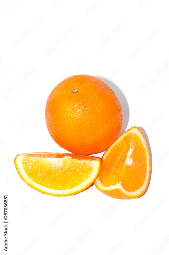 Orange on white background with copy space. Juicy exotic fruit, isolate Orange on white background with copy space. Juicy exotic fruit, isolate
