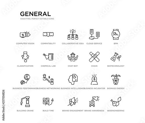 set of 20 line icons such as business intelligence, business networking, business performance, chain, chat bot, chemical lab, classification, cloud service, collaborative idea, compatibility.
