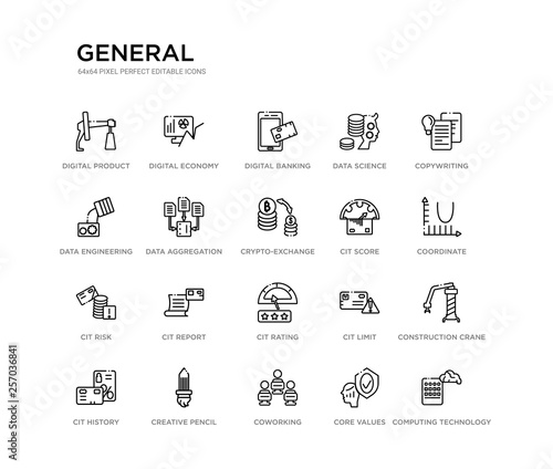 set of 20 line icons such as cit rating, cit report, cit risk, score, crypto-exchange, data aggregation, data engineering, data science, digital banking, digital economy. general outline thin icons
