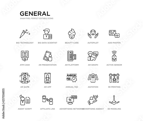 set of 20 line icons such as annual fee, ar app, ar game, ar graph, platform, presentation, atm cash, autopilot, beauty care, big data scientist. general outline thin icons collection. editable
