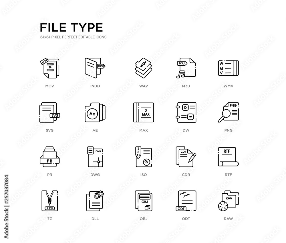 set of 20 line icons such as iso, dwg, pr, dw, max, ae, svg, m3u, wav, indd. file type outline thin icons collection. editable 64x64 stroke