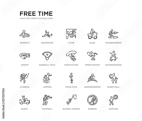 set of 20 line icons such as pogo stick, jumping, climbing, tennis racket, parachuting, baseball field, airship, quad, climb, badminton. free time outline thin icons collection. editable 64x64