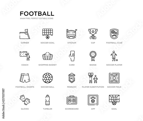 set of 20 line icons such as pennant, soccer ball, football shorts, badge, card, shopping basket, coach, cup, stadium, soccer goal. football outline thin icons collection. editable 64x64 stroke