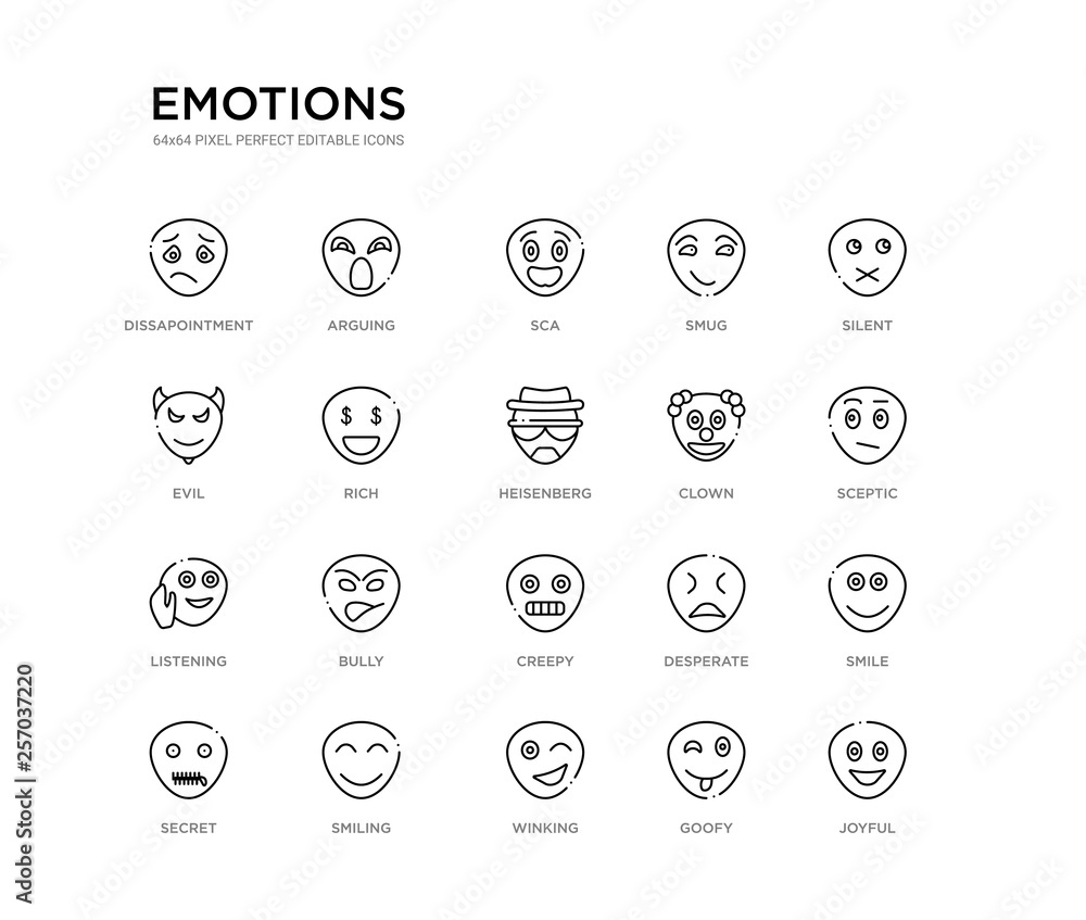 Naklejka set of 20 line icons such as creepy, bully, listening, clown, heisenberg, rich, evil, smug, sca, arguing. emotions outline thin icons collection. editable 64x64 stroke