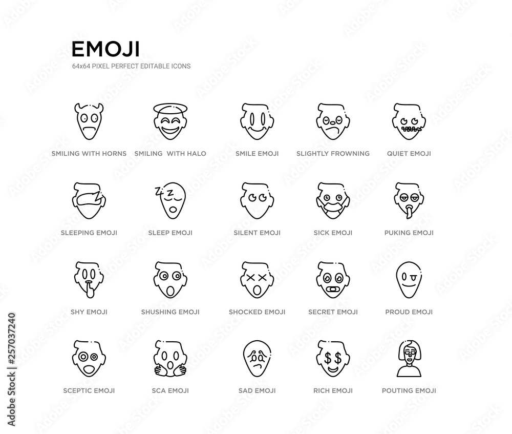 set of 20 line icons such as shocked emoji, shushing emoji, shy emoji, sick silent sleep sleeping slightly frowning smile smiling with halo outline thin icons collection. editable 64x64 stroke set of 20 line icons such as shocked emoji, shushing emoji, shy emoji, sick silent sleep sleeping slightly frowning smile smiling with halo outline thin icons collection. editable 64x64 stroke