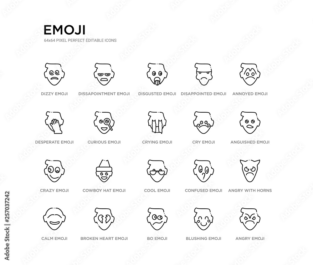 set of 20 line icons such as cool emoji, cowboy hat emoji, crazy emoji, cry crying curious desperate disappointed disgusted dissapointment outline thin icons collection. editable 64x64 stroke