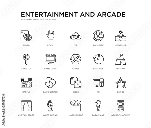 set of 20 line icons such as dices, game center, castle, eat smile, cross, game over, game toy, roulette, vr, rock. entertainment and arcade outline thin icons collection. editable 64x64 stroke