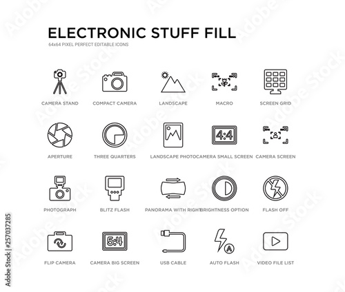 set of 20 line icons such as panorama with right arrow, blitz flash, photograph, camera small screen size, landscape photo, three quarters, aperture, macro, landscape, compact camera. electronic