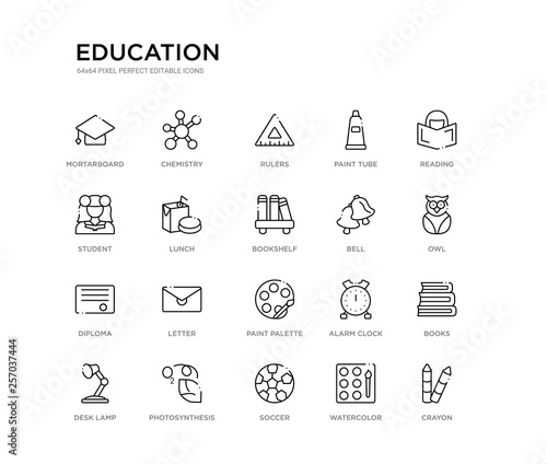 set of 20 line icons such as paint palette, letter, diploma, bell, bookshelf, lunch, student, paint tube, rulers, chemistry. education outline thin icons collection. editable 64x64 stroke