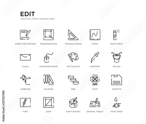 set of 20 line icons such as rgb, colours, airbrush, dropper, art palette, computer mouse, chalk, curve, triangle ruler, transform box. edit outline thin icons collection. editable 64x64 stroke