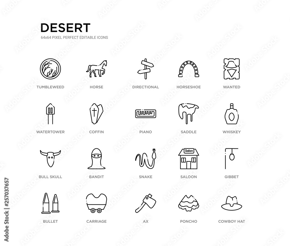 set of 20 line icons such as snake, bandit, bull skull, saddle, piano, coffin, watertower, horseshoe, directional, horse. desert outline thin icons collection. editable 64x64 stroke set of 20 line icons such as snake, bandit, bull skull, saddle, piano, coffin, watertower, horseshoe, directional, horse. desert outline thin icons collection. editable 64x64 stroke